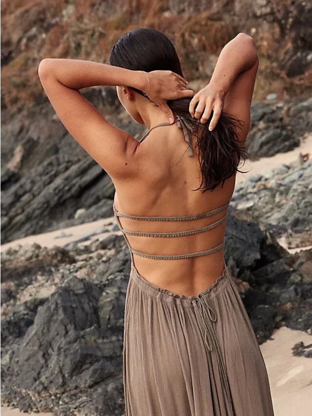 Free People Strappy Open-Back Maxi Dress in Taupe - Picture 2 of 4